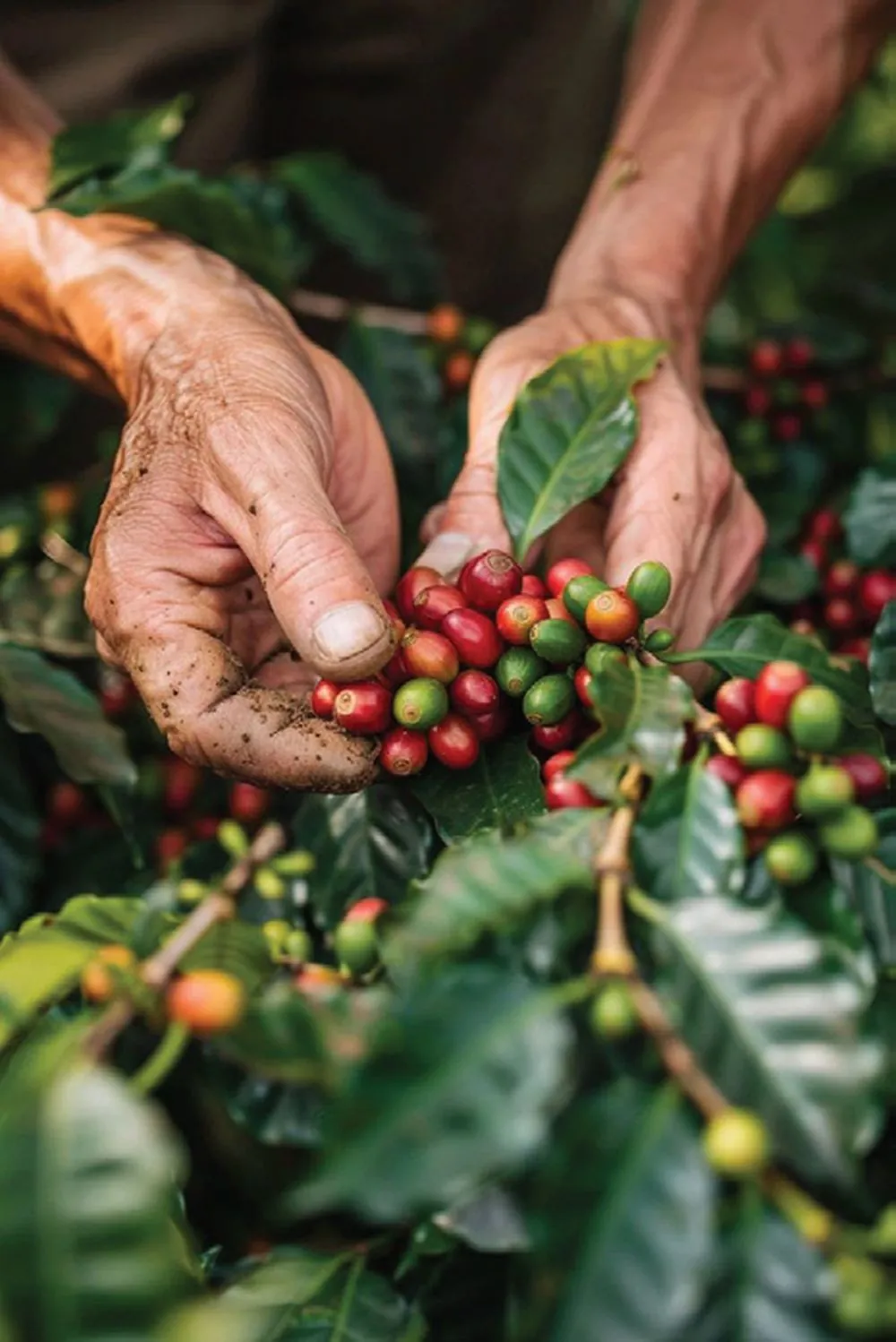 Hands picking ripe coffee cherries at peak ripeness